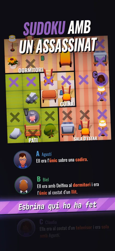Un cas del Cluedoku amb el plafó de pistes: declaracions sobre els sospitosos A a E, la víctima V i un tauler amb quatre estances: dormitori, cuina, pati i sala.