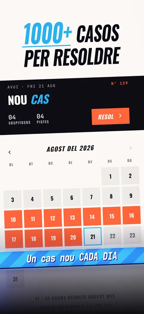 La pantalla del cas diari amb 4 sospitosos, 4 pistes, el botó de resoldre i un calendari dels casos anteriors.