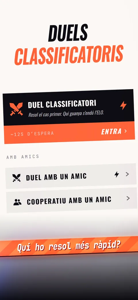La pantalla dels duels: resol el cas abans que un altre jugador i emporta’t els punts.