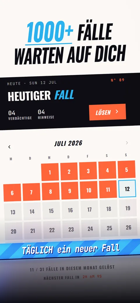 Der heutige Fall mit 4 Verdächtigen, 4 Hinweisen und dem Knopf zum Lösen, darunter ein Kalender mit den Fällen der vergangenen Tage.
