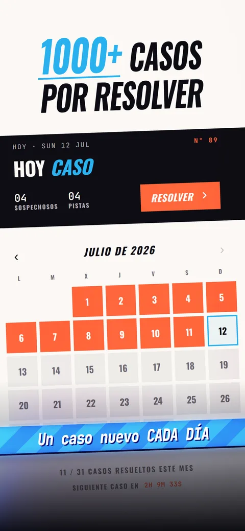 La pantalla del caso diario con 4 sospechosos, 4 pistas, el botón de resolver y un calendario de casos anteriores.