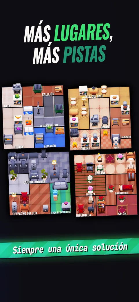Cuatro escenarios distintos uno al lado del otro: una casa, una cafetería, una oficina y una tienda de barrio, cada uno con sus propias habitaciones.