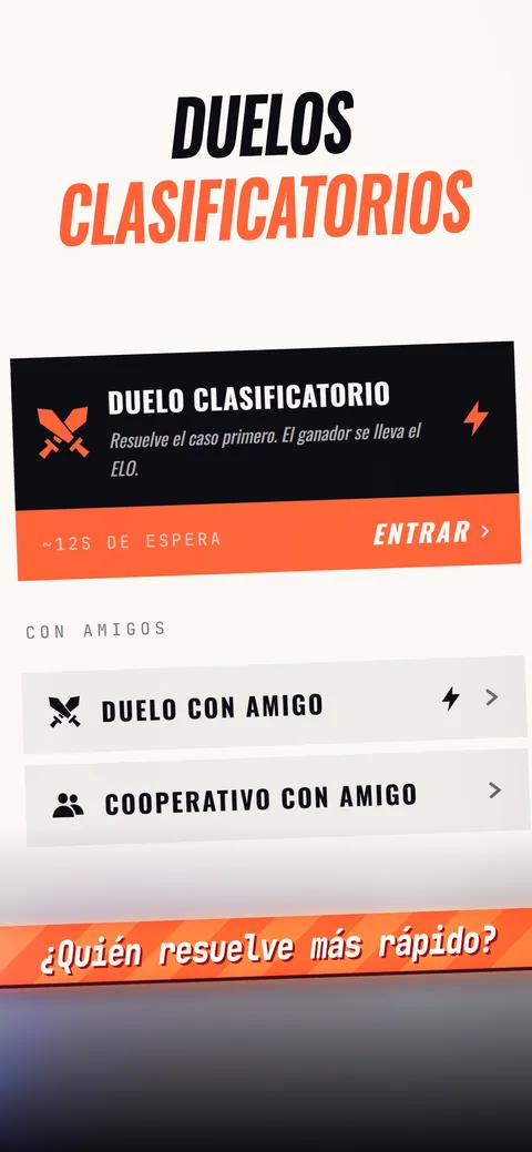 La pantalla de duelos clasificatorios: resuelve el caso antes que otro jugador y llévate los puntos.