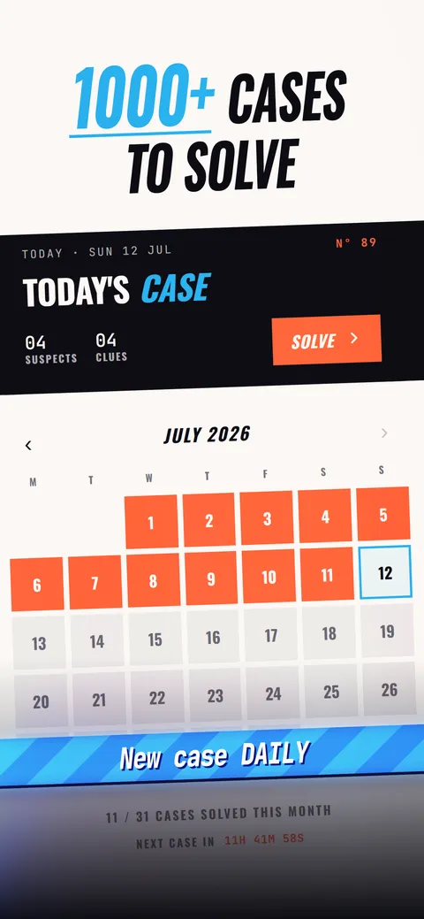 Today's daily case screen showing 4 suspects, 4 clues, a solve button, and a calendar of past daily cases.