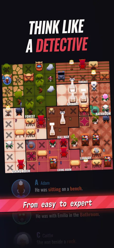 An expert-difficulty case: an 8-suspect grid spanning Terrace, Gallery, Bathroom, Forest, Hallway, Library, Dining Room, and Living Room.