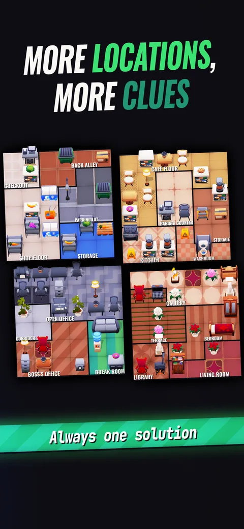 Four different location themes shown side by side: a house, a cafe, an office, and a corner shop, each with its own room layout.