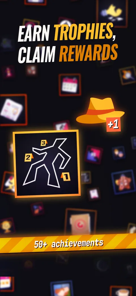 The trophy collection screen with dozens of unlockable achievement badges.
