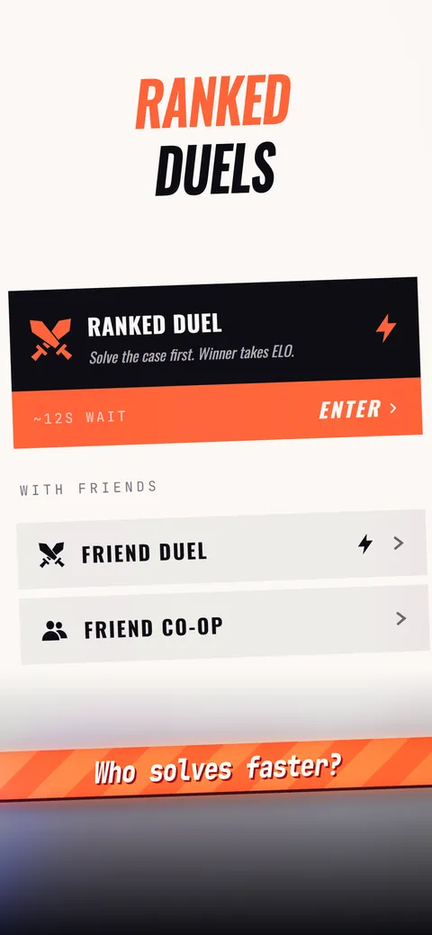 The ranked duels screen: solve the case first against another player, winner takes rating.