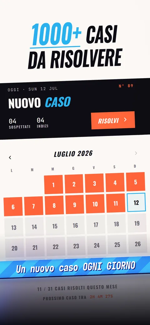 La schermata del caso quotidiano con 4 sospettati, 4 indizi, il pulsante Risolvi e il calendario dei casi dei giorni precedenti.