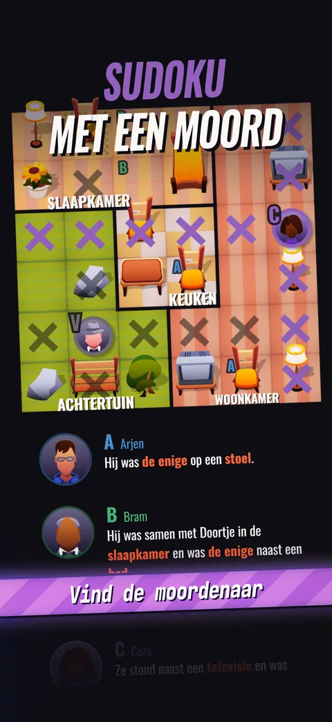 Een Cluedoku-zaak met het aanwijzingenpaneel: verklaringen over de verdachten A tot en met E, slachtoffer V, en een rooster met vier ruimtes: slaapkamer, keuken, tuin en woonkamer.