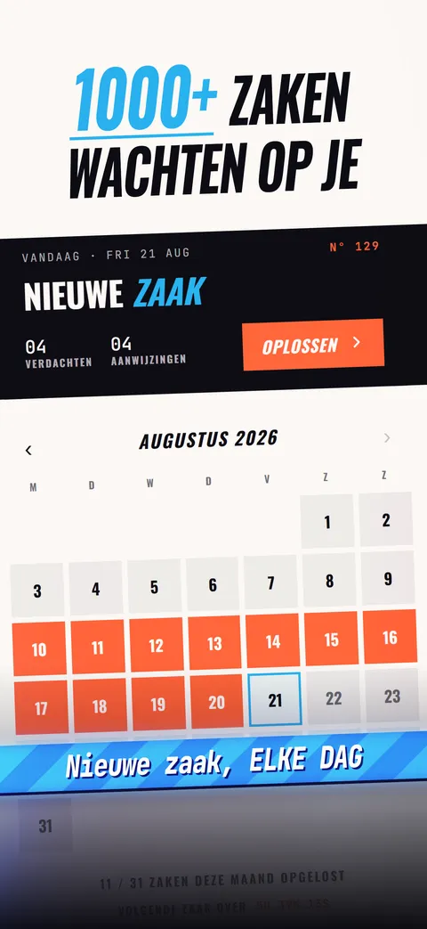 Het scherm van de dagelijkse zaak met 4 verdachten, 4 aanwijzingen, een knop om de zaak op te lossen en een kalender met eerdere zaken.