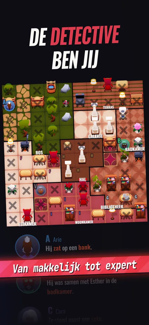 Een zaak op expertniveau: een rooster met 8 verdachten, verdeeld over Terras, Galerie, Badkamer, Bos, Gang, Bibliotheek, Eetkamer en Woonkamer.