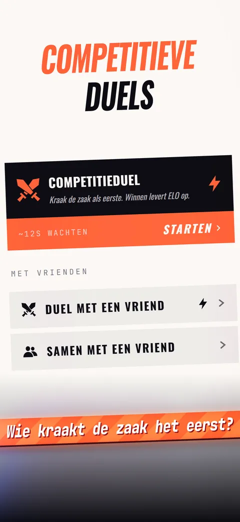 Het scherm voor duels: los de zaak sneller op dan je tegenstander en pak de punten.