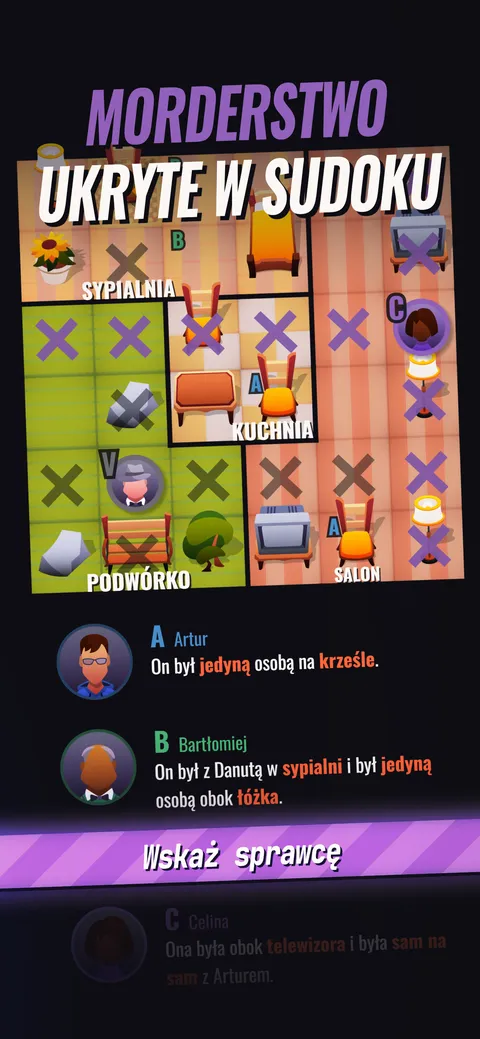Sprawa w Cluedoku z panelem wskazówek: zeznania świadków o Arturze, Bartłomieju i Celinie, ofiara V i plansza z krzyżykami podzielona na pokoje Sypialnia, Kuchnia, Podwórko i Salon.