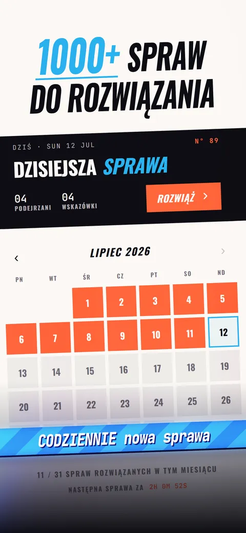 Ekran dzisiejszej sprawy: czterech podejrzanych, cztery wskazówki, przycisk ROZWIĄŻ i kalendarz minionych spraw.