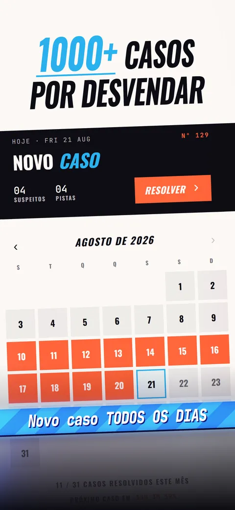 O ecrã do caso diário com 4 suspeitos, 4 pistas, o botão de resolver e um calendário dos casos anteriores.