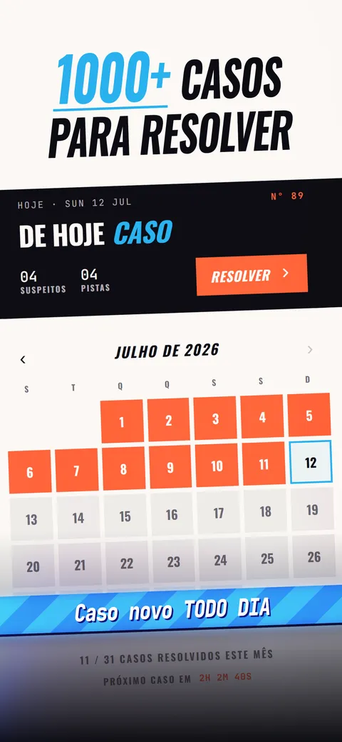 O ecrã do caso diário com 4 suspeitos, 4 pistas, o botão de resolver e um calendário dos casos anteriores.